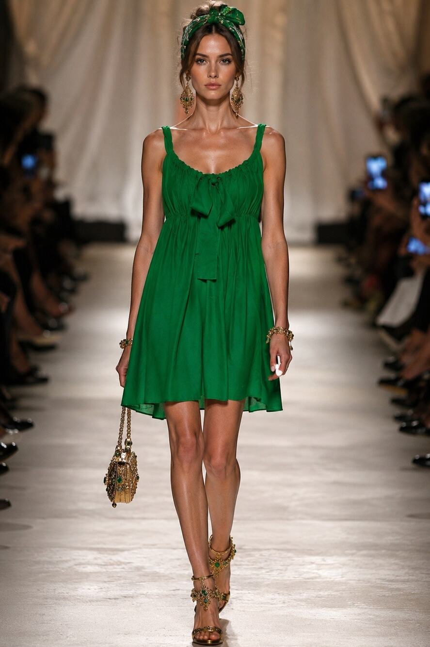 Vintage Dolce & Gabbana Green Silk Babydoll Dress Empire Bow Tie IT 40 US 4